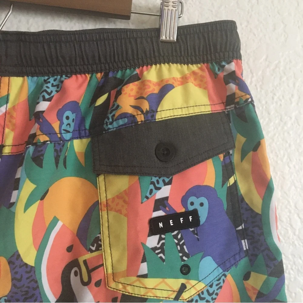 Neff Rainbow Jungle Tropical Toucan Parrot Monkey Fruit Swim Shorts XL